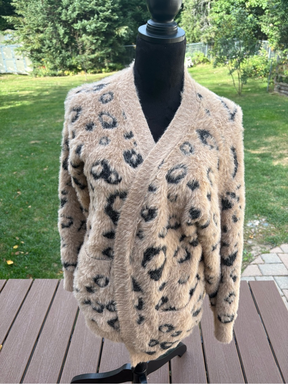 Bluivy Beige and Black Leopard-Print Faux-Fur Cardigan